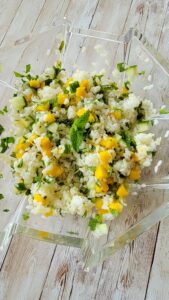 Mango Mojito Rice Salad with short grain white rice base.
