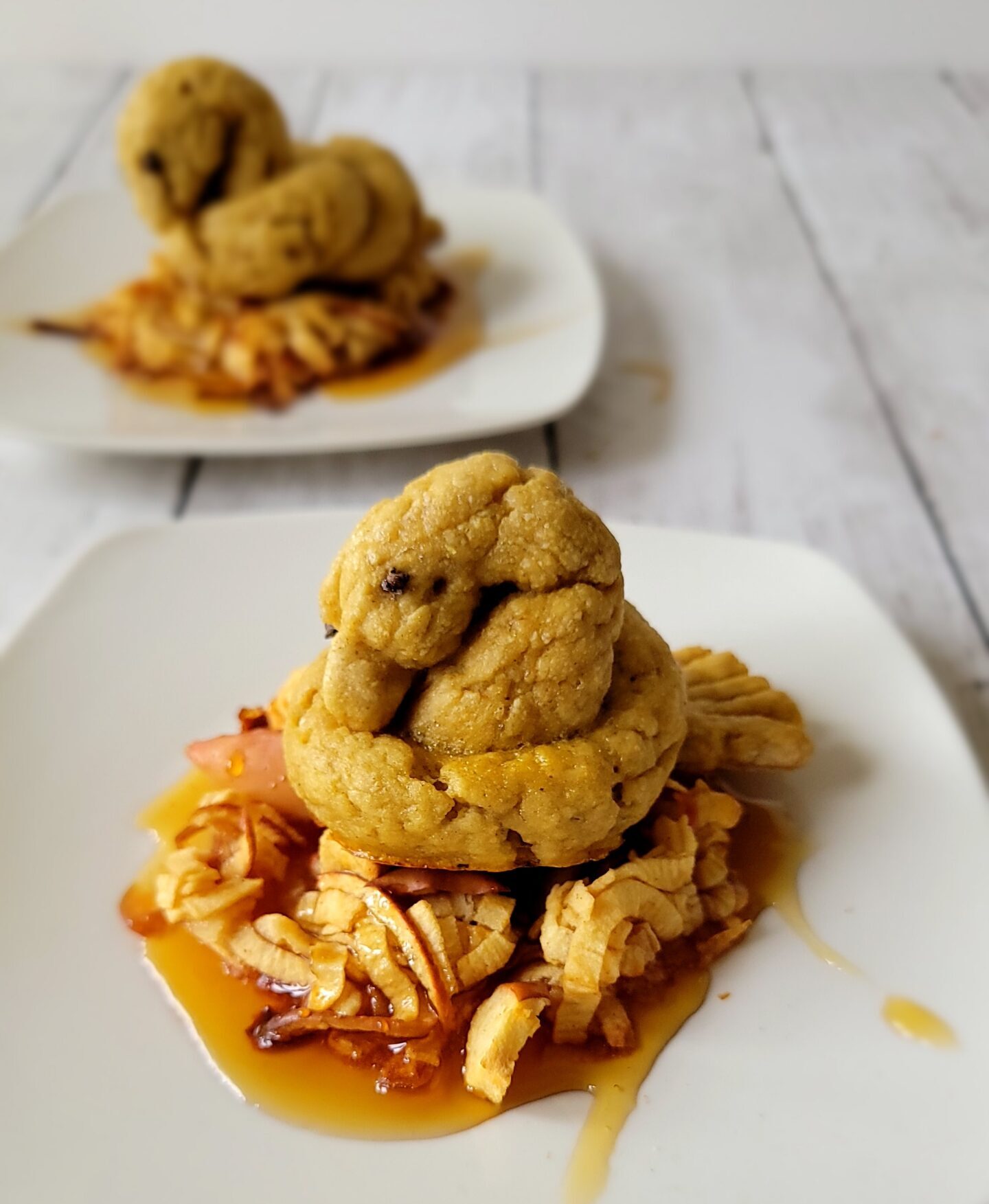 Gluten Free Honey Oat Challah Birds with Spiralized and diced apple nests.
