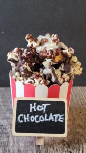 Hot Chocolate Popcorn with White and Dark Chocolate Drizzle