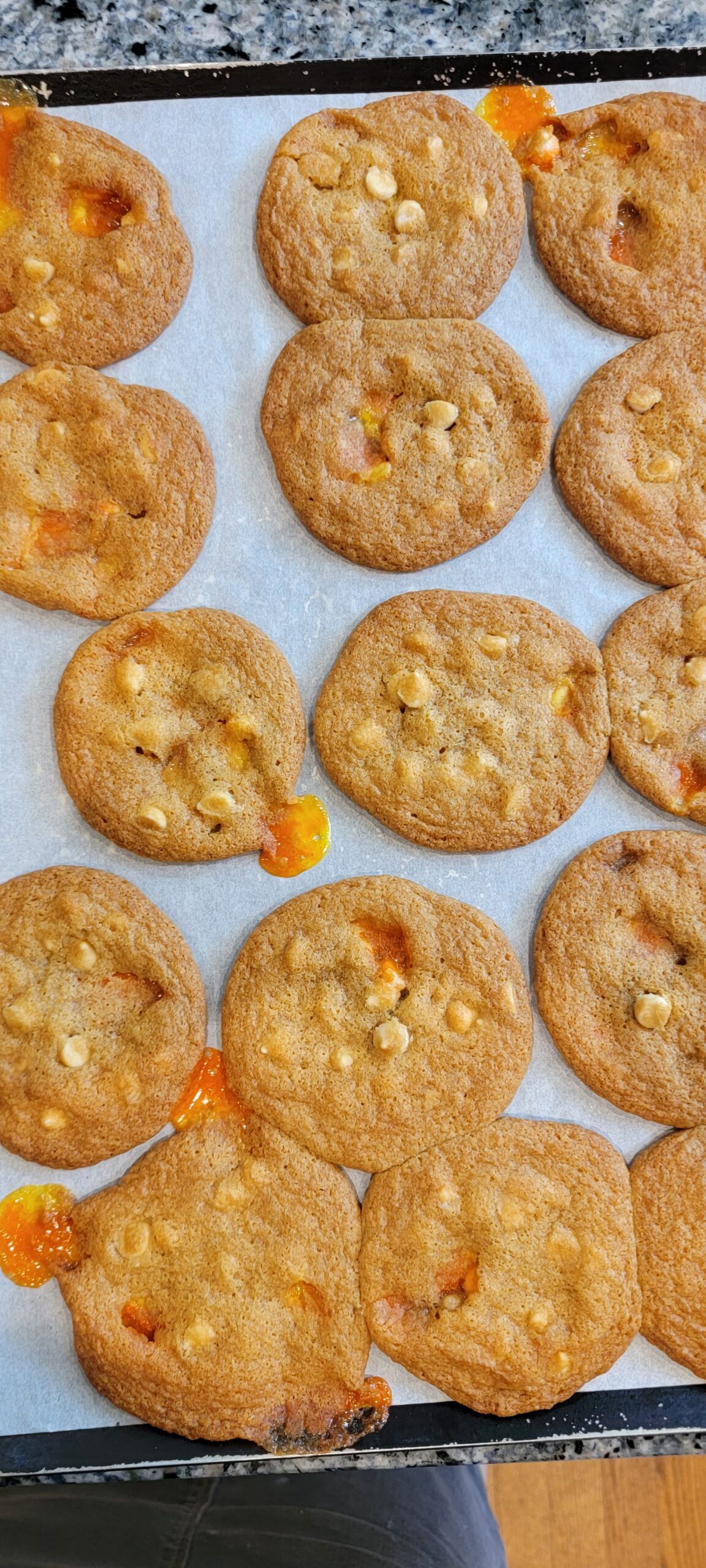The first batch of Candy Corn and White Chocolate Chip Cookies