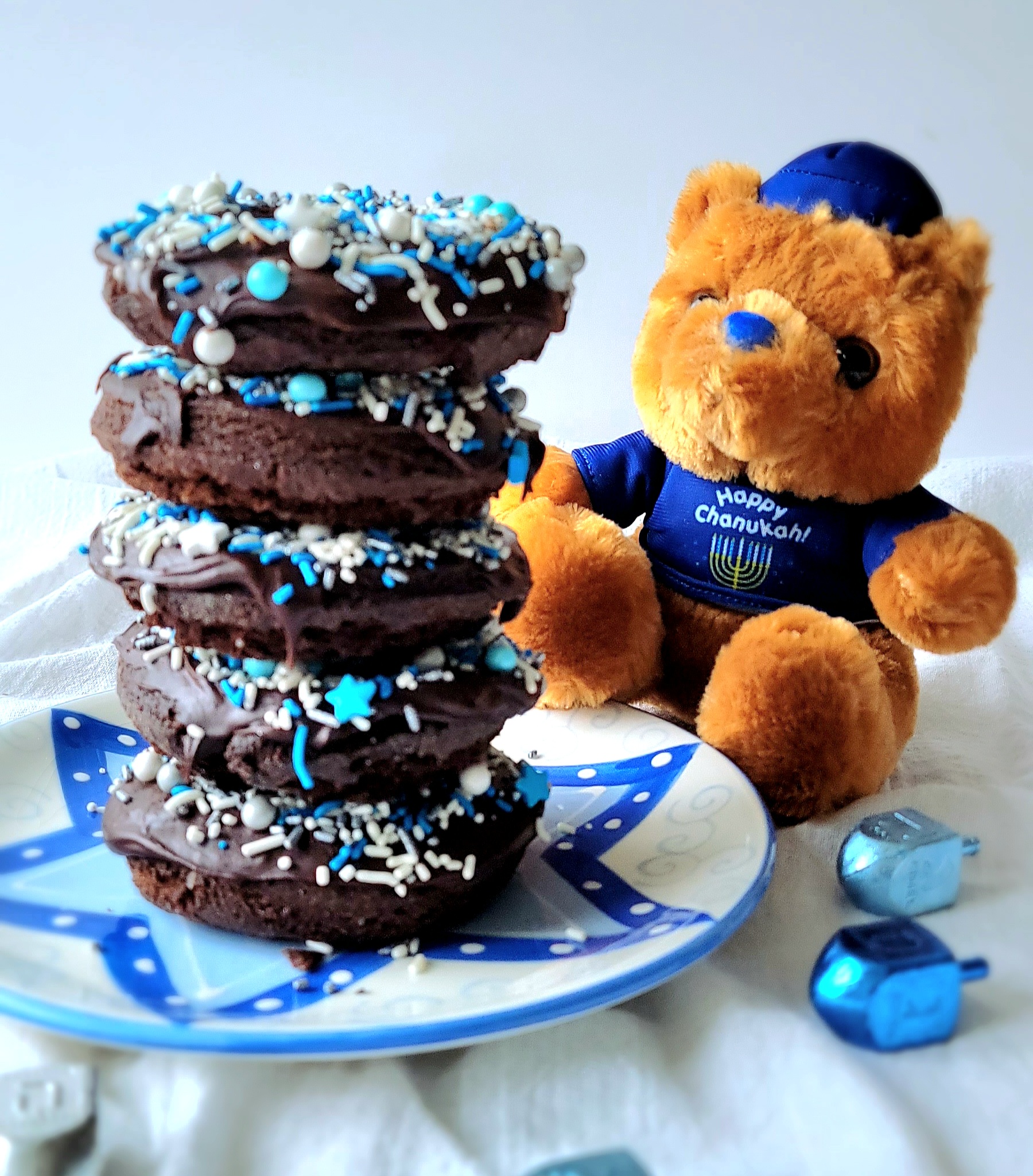 Chanukah Bear says "Give me Double Chocolate Gluten Free Donuts"!!!!
