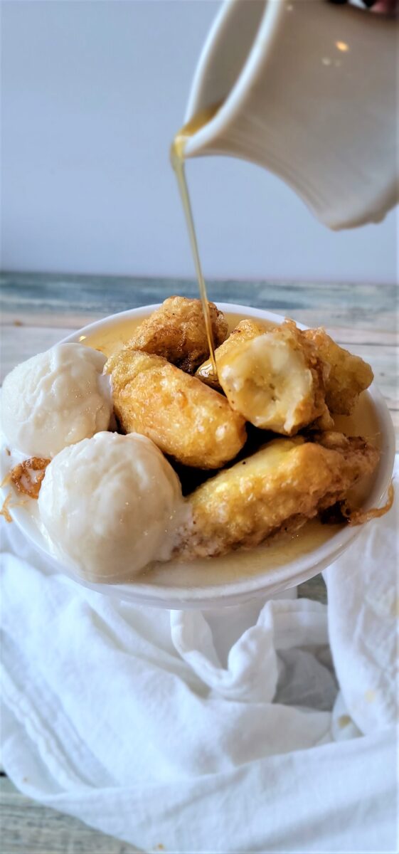 View of Batter Fried Bananas with Maple Rum Sauce - Kosher Everyday