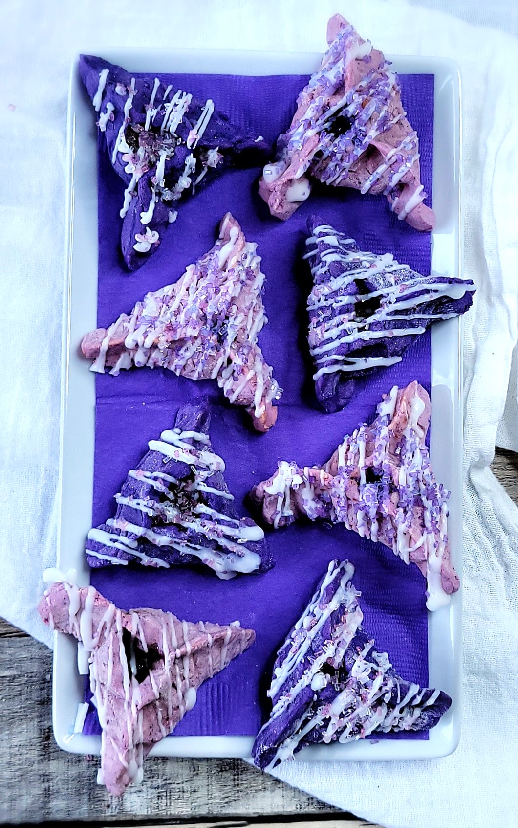 Purple Sweet Potato Hamentashen with Chocolate Orange Ganache