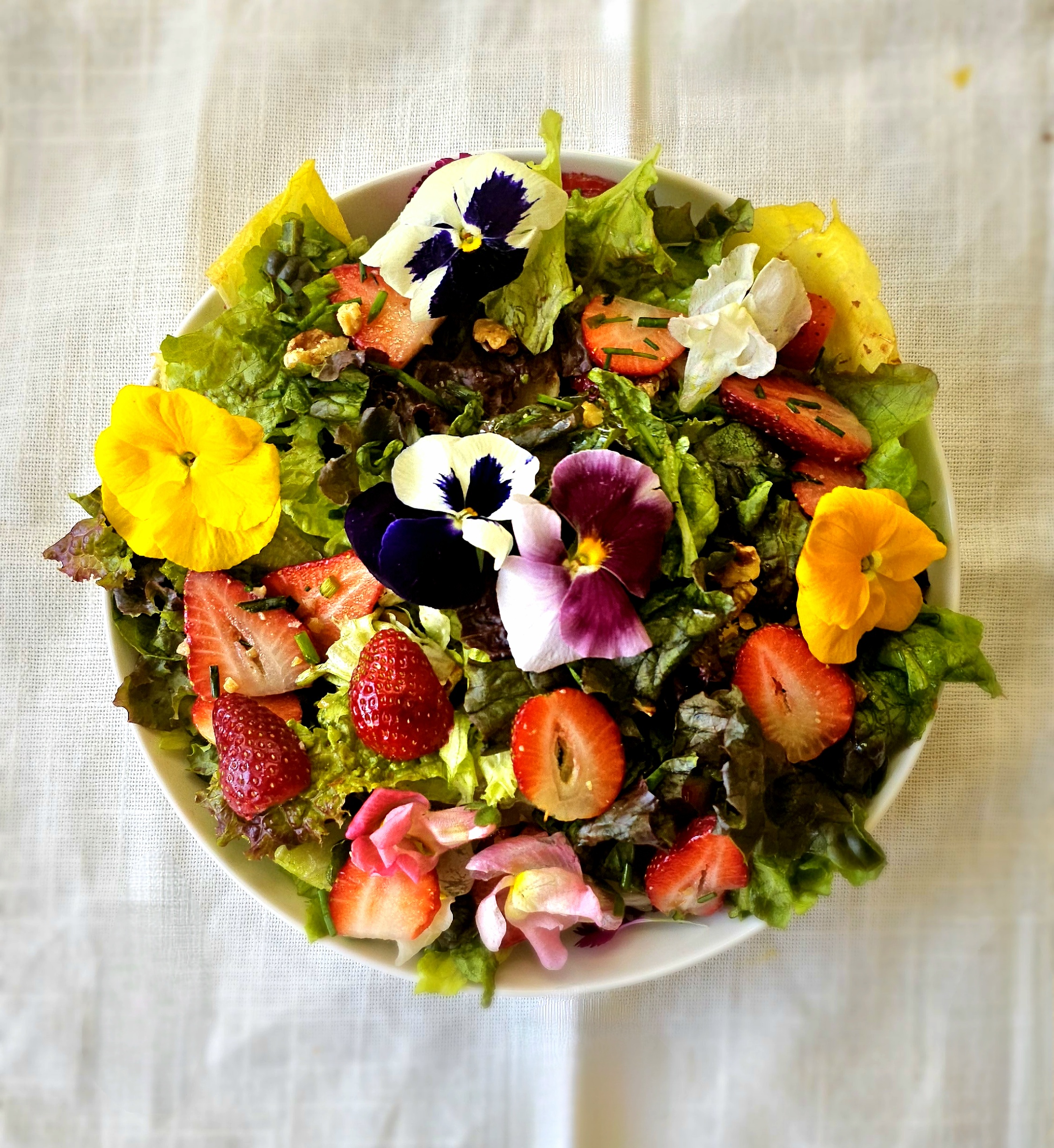 Garden Salad with Strawberries & Edible Flowers first pass