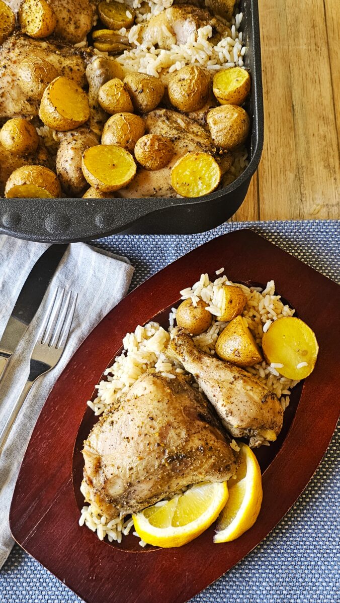 One-Pan Lemon Ginger Tea Chicken with Rice & Potatoes - Kosher Everyday