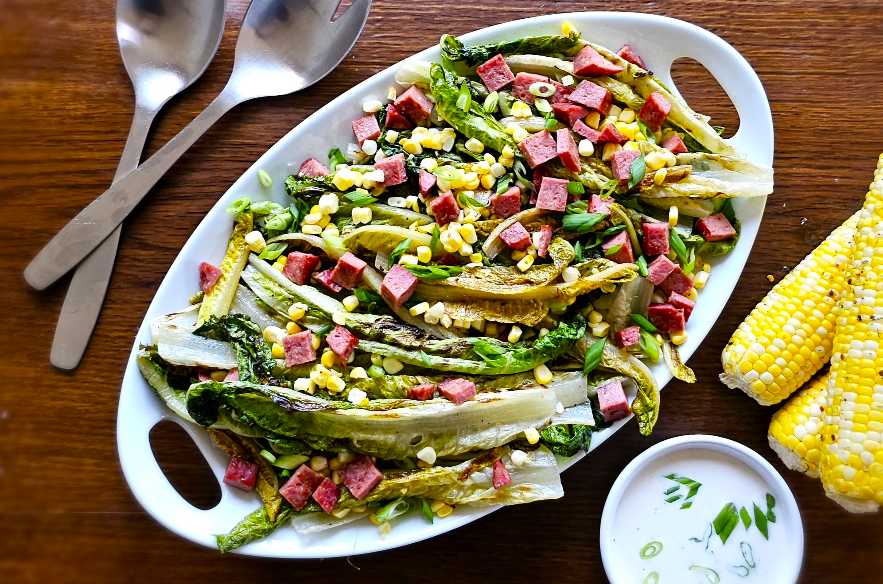 Grilled Romaine Salad with Salami Croutons